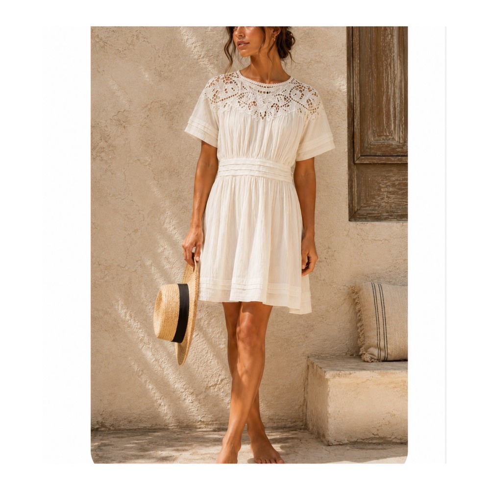 NWT AllSaints Lise Dress Chalk White Lace Cotton Mini Dress Boho Cottagecore - 2